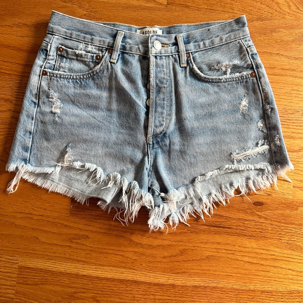 Agolde Parker Frayed Hem Jean Shorts - Light Blue